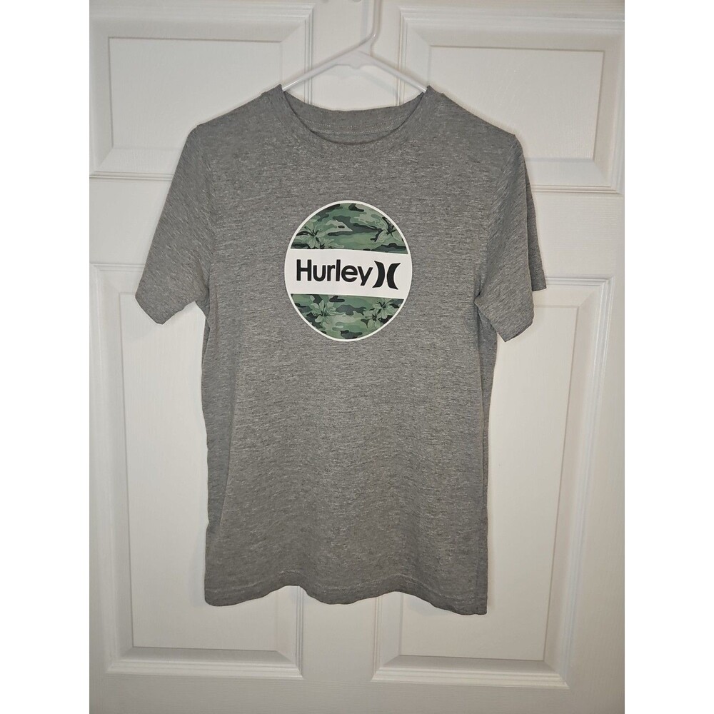 Hurley T Shirt Boys XL Gray Circle Camo Floral Logo Short Sleeve Cotton Poly